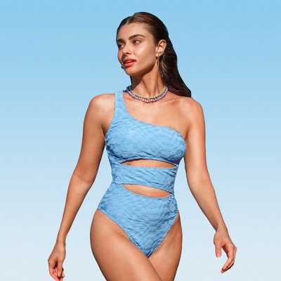 Women's Light Blue Jacquard One-Shoulder Cutout One Piece Swimsuit - Cupshe