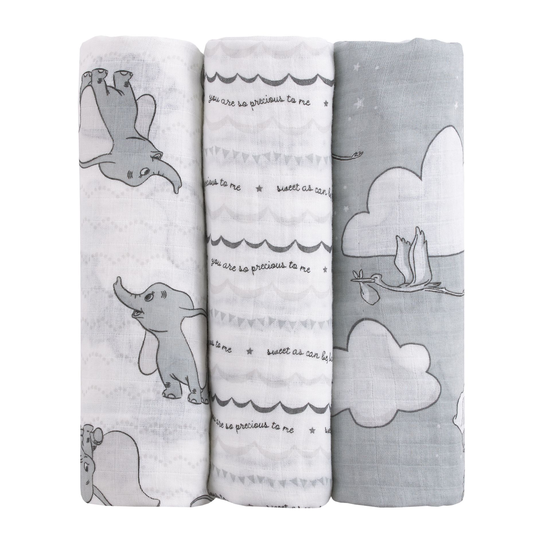 NoJo Disney Dumbo Gray and White 3 Piece Muslin Swaddle Baby Blanket Set