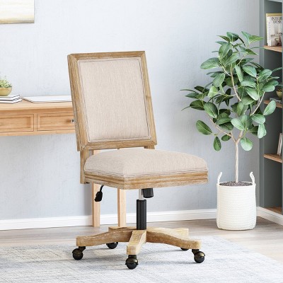 Rustic Beige & Natural Wood Swivel Office Chair with Adjustable Height