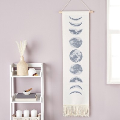 White Polyester Moon Phases Bohemian Wall Hanging Art, 12 x 49 in