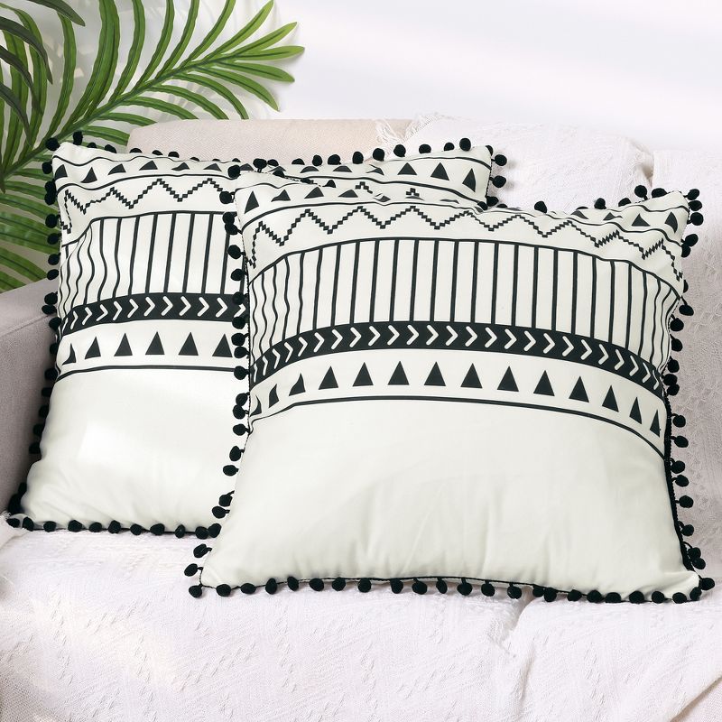 Unique Bargains Decorative Geometric Line Pattern Fringe Pompoms Throw Pillow Covers 2 Pcs, 2 of 7