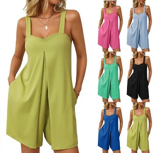 Coolmee Women Casual Square Neck Sleeveless Loose Outdoor Suspender Shorts Jumpsuit With Pockets - 1 of 4