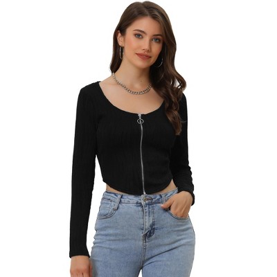 Allegra K Women's Textured Zip Up Fitted Asymmetrical Hem Corset Crop Top