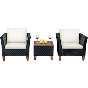 Tangkula 3-Piece Wicker Patio Furniture Set Outdoor Conversation Set w/ Cushions & Coffee Table