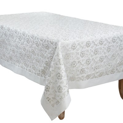 White Floral Embroidered Rectangular Fabric Tablecloth, 50" x 70"