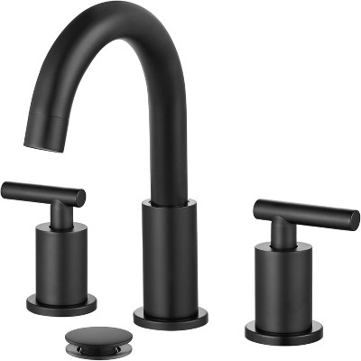 3 Hole 2 Handles Lavatory Basin Bathroom Sink Faucet with Pop Up Drain with Hot and Cold Mixer Valves 8 Inch Widespread Bathroom Faucet Matte Black