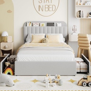 Jojoka Bed Frame with 2 Flexible Drawers and Bookcase Headboard,Upholstered Platform Bed for Boys/Girls,No Box Spring Needed - 1 of 4