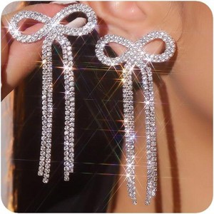 Women Bridal Silver Bow Rhinestone Earrings Dangling for Women Chandelier Statement Tassel Earrings Sparkly Drop Crystal Earrings Halloween - 1 of 4