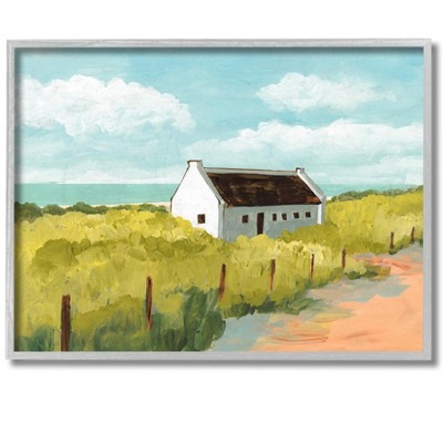 Stupell Industries White Cabin Architecture Grassy Coastal Beach Landscape