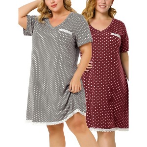 Agnes Orinda Women's Plus Size V Neck Short Sleeve Polka Dots Nightgowns - 1 of 4