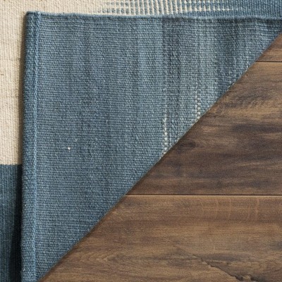 Light Blue and Beige Wool Flat Woven Reversible Rug, 4' x 6'