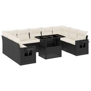 vidaXL 10 Piece Patio Sofa Set with Cushions Black Poly Rattan - Black and Cream without Storage - 1 of 4