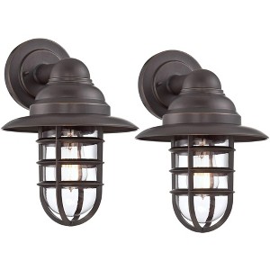 John Timberland Marlowe Industrial Wall Light Sconces Set of 2 Bronze Hardwire 9 1/2" Fixture Hooded Cage Clear Glass for Bedroom Living Room Hallway - 1 of 4
