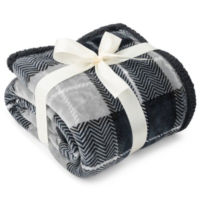 Charcoal Gray Plaid Sherpa Fleece Reversible Throw Blanket, 50" x 60"