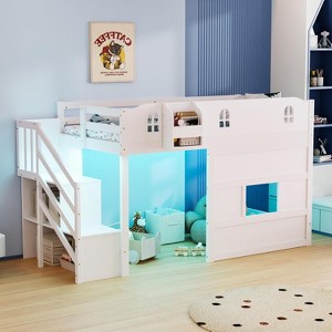 JOYMOR Low Loft Bed with Led Light, Loft Bed Twin Size with Castle Guardrail and Window, Staircase and Book Rack, Smart APP Control - 1 of 4