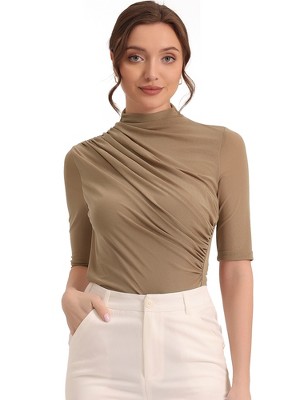 Allegra K Women's Mock Neck Stretch Short Sleeve Sheer Mesh Ruched Blouses