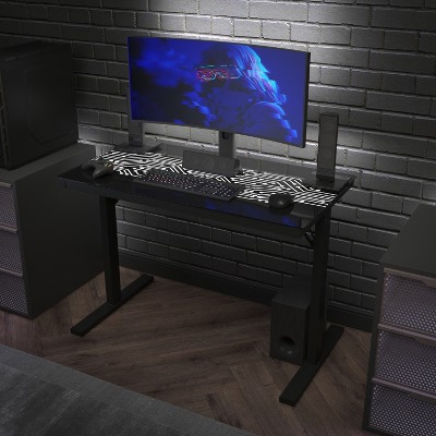 Sleek 46'' Black Tempered Glass Gaming Desk with LED Lights