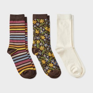 Women's Floral & Striped 3pk Crew Socks - A New Day™ Brown Heather/Burgundy/Ivory 4-10 - 1 of 3