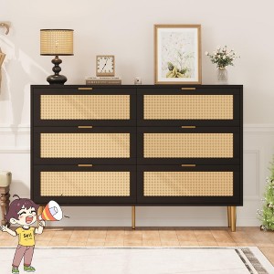 Jojoka Rattan 6 Drawer Dresser with Gold Legs and Handles, Modern Wide Double Chest of Drawers for Bedroom Living Room - 1 of 4