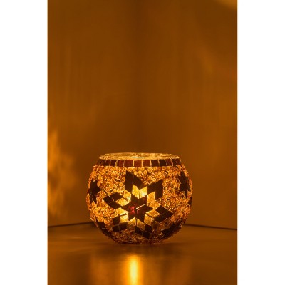 Handmade Ecru and Brown Mosaic Glass Votive Candle Holder