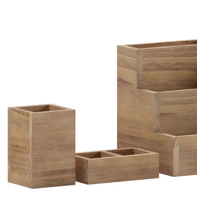 Rustic Brown Pine Wood 3-Piece Desk Organizer Set