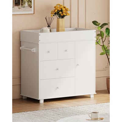 Coucheta 4-Drawer Baby Changing Table, Modern Nursery Dresser with Cabinet & Changing Pad, Multi-Functional Storage Crib for Bedroom & Kids Room