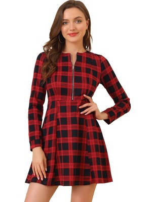 Allegra K Women's Vintage Plaid Houndstooth Long Sleeve Office Zip Front Flare Mini Dress