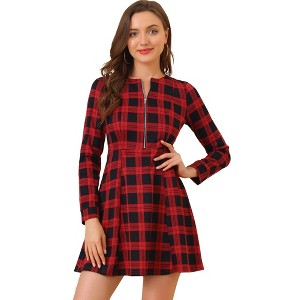 Allegra K Women's Vintage Plaid Houndstooth Long Sleeve Office Zip Front Flare Mini Dress - 1 of 4
