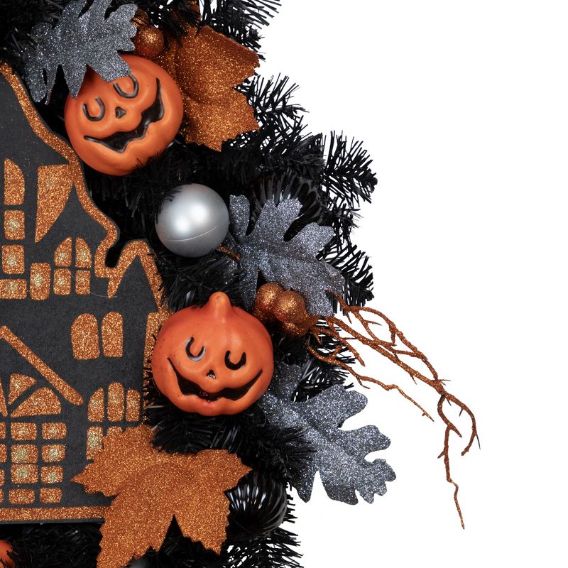 Northlight Orange and Black Haunted House Halloween Wreath, 24-Inch, Unlit, 4 of 5