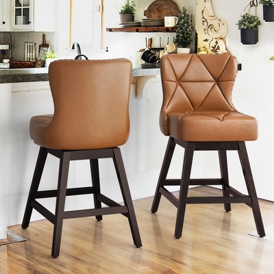 Arceso 26" Counter Height Swivel Bar Stools with Back, Faux Leather Upholstered Seat, Solid Wood Legs, Beige – Set for Kitchen Island or Home Bar