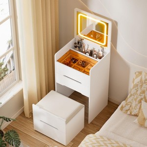 PAKASEPT 3 in 1 Vanity Desk with Plip Top LED Mirror, Make Up Vanity Set with Glass Desktop, 3 Drawers, Cushioned Tool - 1 of 4