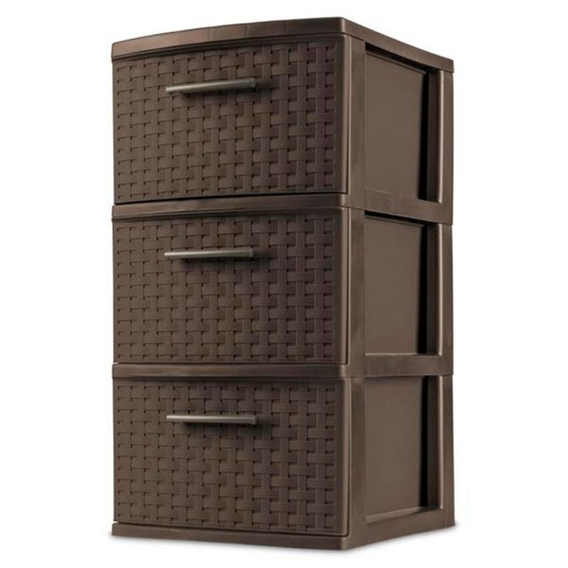 Sterilite 3 Drawer Wicker Weave Decorative Storage Organization Container Cabinet Tower with Driftwood Handles, Espresso (4 Pack), 3 of 8