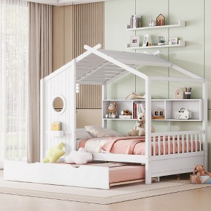 Twin/Full Size Wood House Platform Bed with Trundle and Storage Shelf for Kids, 4Q -ModernLuxe - 1 of 4