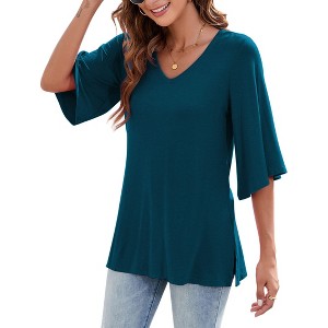 Chiffon Blouses for Women Ruffle 3/4 Sleeve Dressy V Neck Casual Flowy Tunic Tops - 1 of 4