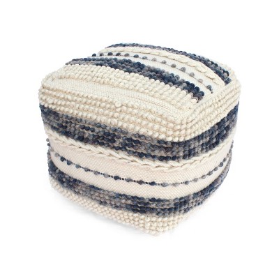 Hambo Contemporary Wool and Cotton Pouf Ottoman White/Blue - Christopher Knight Home