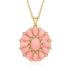 Ross-Simons Pink Coral and 0.20 ct. t.w. White Zircon Floral Pendant Necklace in 18kt Gold Over Sterling - 1 of 3