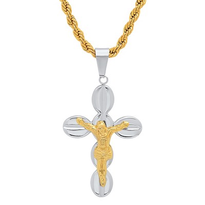 Steeltime 24" Men's two tone stainless steel and 18k gold plated crucifix pendant