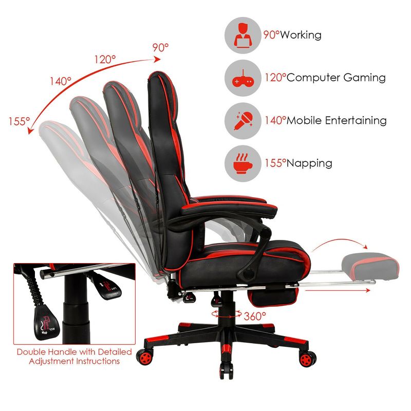 Costway Massage Gaming Chair Reclining Racing Computer Office Chair with Footrest White\ Black\Blue\Red, 5 of 11