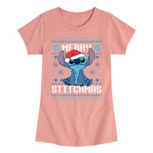 Girls' - Lilo and Stitch - Merry Stitchmas Christmas Cross Stitch Fitted Short Sleeve Graphic T-Shirt - 1 of 3