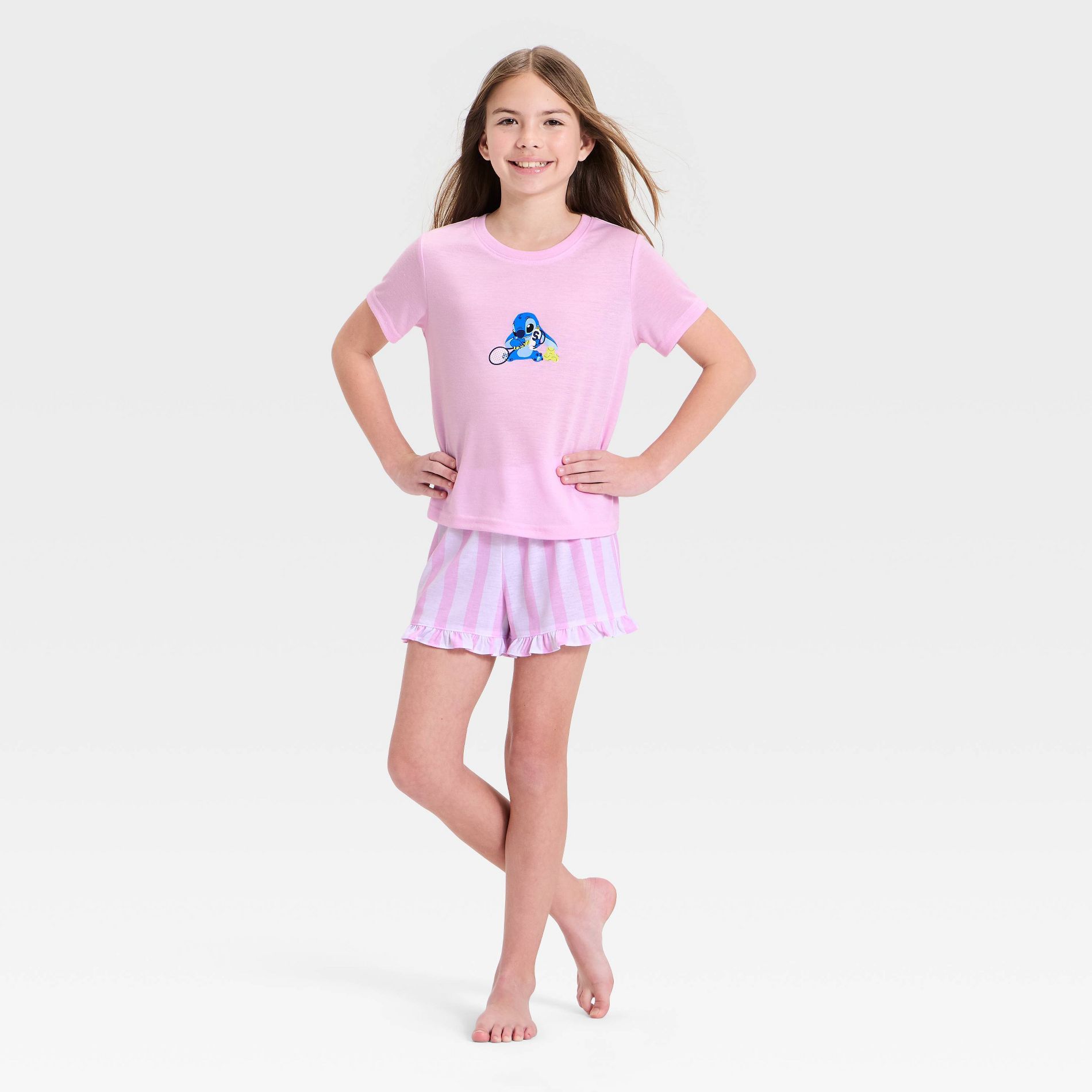 Girls' Lilo & Stitch 2pc Short Sleeve Pajama Set - Light Pink L