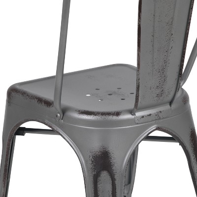 Distressed Silver Gray Metal Indoor-Outdoor Stackable Armless Chair