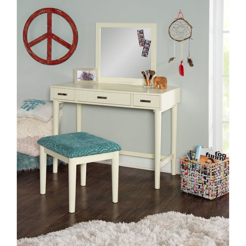 Garbo Traditional Wood 3 Drawer Stationary Mirror Vanity and Green Upholstered Stool Cream - Linon, 2 of 13