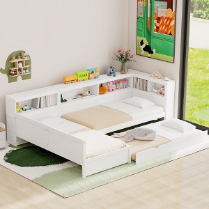 TIRAMISUBEST Twin Size L-Shaped Double Platform Beds with Trundle, Storage Bed Frame with Shelf, Drawer & Charging Station - 1 of 4