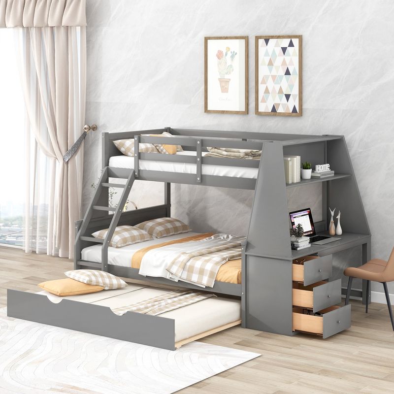 Twin over Full Bunk Bed with Trundle, Built-in Desk, Three Storage Drawers and Shelf-ModernLuxe, 1 of 9