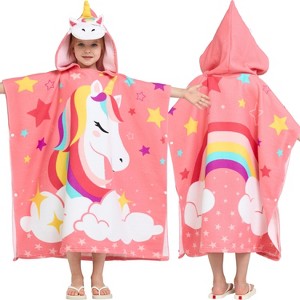 Joyfy 30"x30" Kids Beach Towels with Hood for 3-10 Years Boys Girls Absorbent Quick Dry Soft Microfiber Swim Robe w/Backpack for Beach Pool Bathroom - 1 of 4