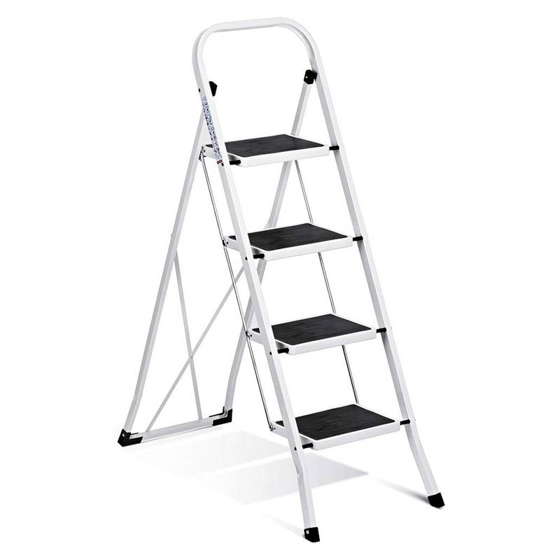 Delxo Alloy Steel Non-Slip Folding 4 Step Stool Portable Ladder with Hand Grip and Secure Locking Mechanism for Indoor or Outdoor Use, White, 1 of 8