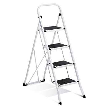 Delxo Alloy Steel Non-Slip Folding 4 Step Stool Portable Ladder with Hand Grip and Secure Locking Mechanism for Indoor or Outdoor Use, White