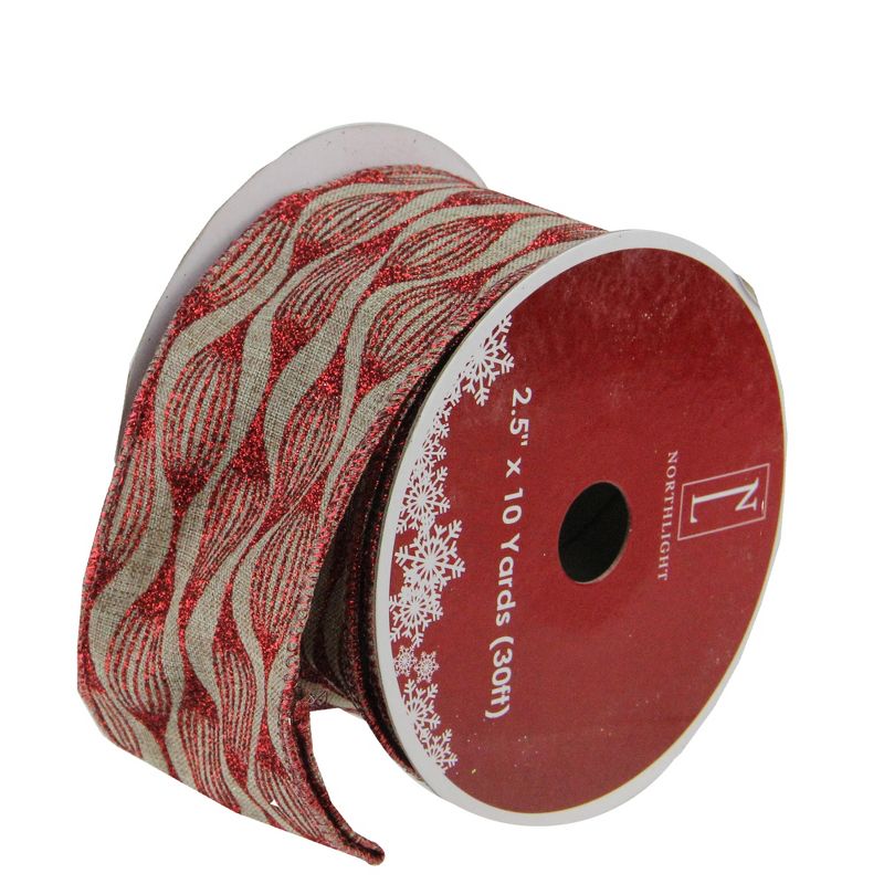 Northlight Brown and Red Glittered Christmas Wired Craft Ribbon 2.5" x 10 Yards, 1 of 2