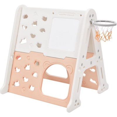 5-in-1 Toddler Climber Basketball Hoop Set, Kids Climber Playset With Tunnel Climber Whiteboard Building Block Baseplates