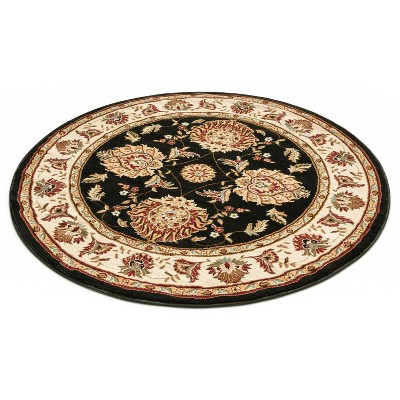 Black and Beige Round Synthetic Persian Floral Area Rug